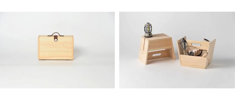 木製の収納ボックス、スツール、ランタン、道具が入ったボックス